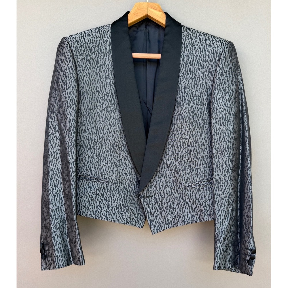 Pierre Cardin Paris M Vintage Cropped Tuxedo Jacket Silver Black Shawl Lapel 80s